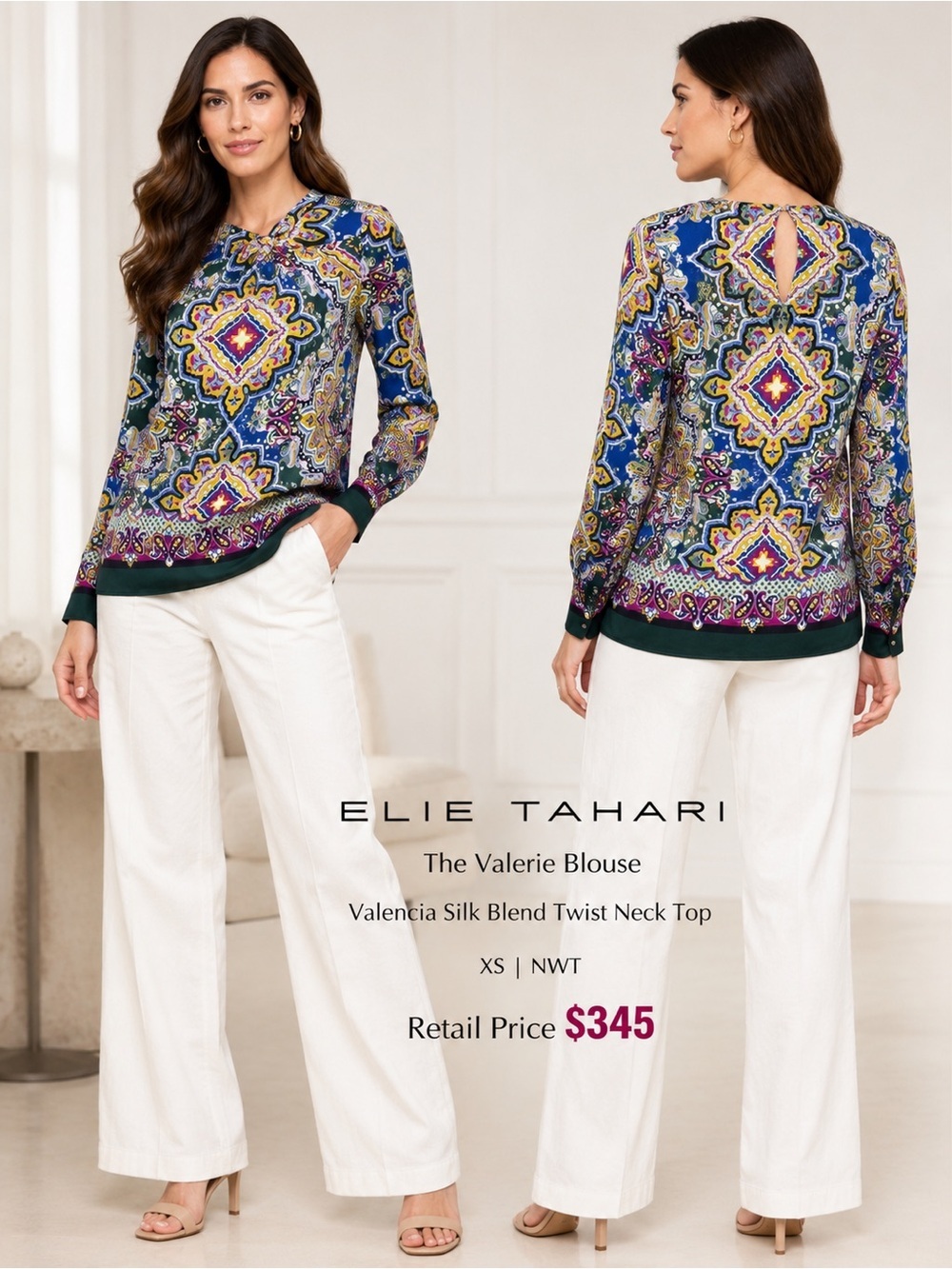 Elie Tahari The Valerie Blouse Valencia Silk Blend Twist Neck Top XS NWT